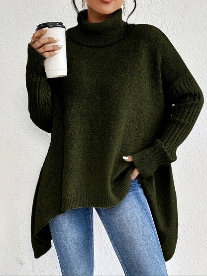 Isla Relaxed Fit Turtleneck Sweater | Ribbed Cuffs High-Low Hem Sweater