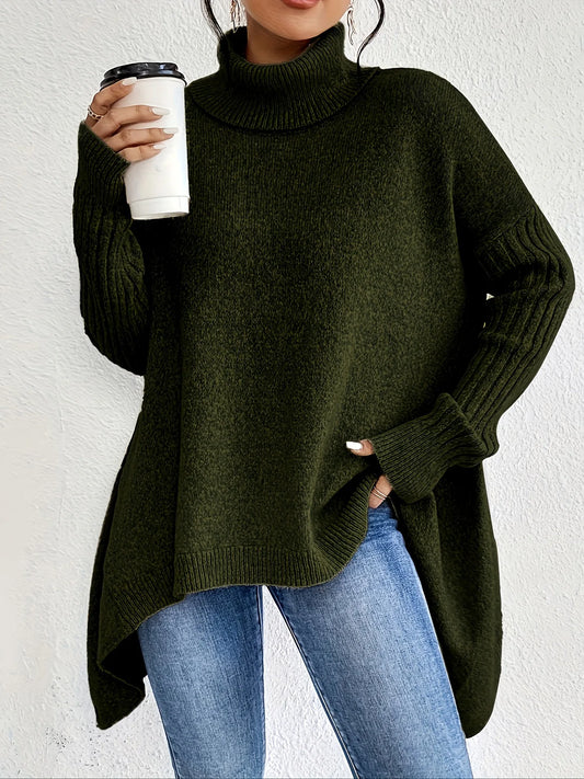Isla Relaxed Fit Turtleneck Sweater | Ribbed Cuffs High-Low Hem Sweater