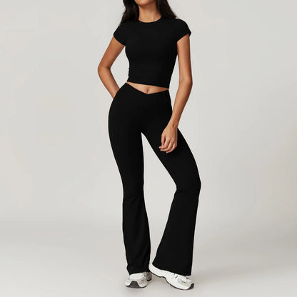Freya Form-Fitting Crop Top And Fitted Flare Flare Leggings Two-Piece Set | Crewneck Cap Sleeve Crop Top And Flare Leggings