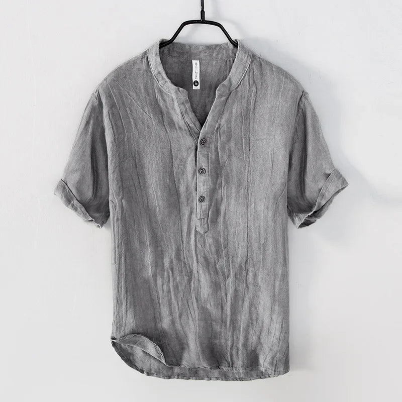 Oscar Relaxed Fit Henley Shirt | Band Collar Short Sleeve Shirt