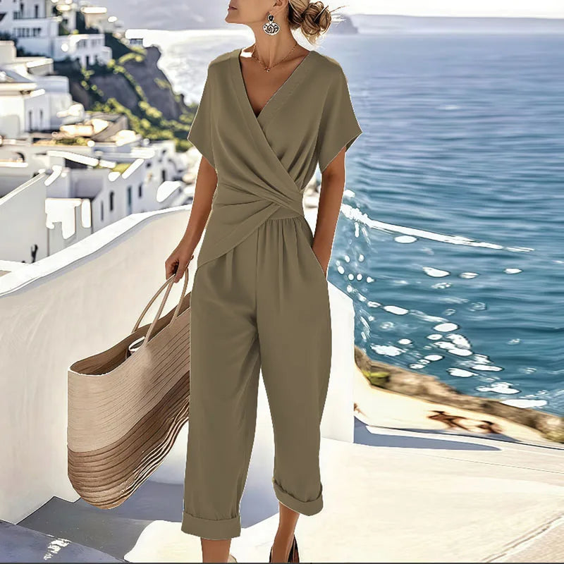 Olivia Relaxed Fit Wrap Blouse and Cropped Trousers Two-Piece Set | V-Neck Wrap Front Blouse Hip-Length Trousers