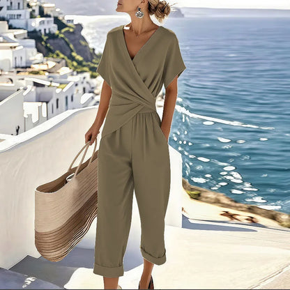 Olivia Relaxed Fit Wrap Blouse and Cropped Trousers Two-Piece Set | V-Neck Wrap Front Blouse Hip-Length Trousers