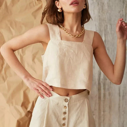 Isla Pleated Wide-Leg Pants | Button Front Pockets Pants