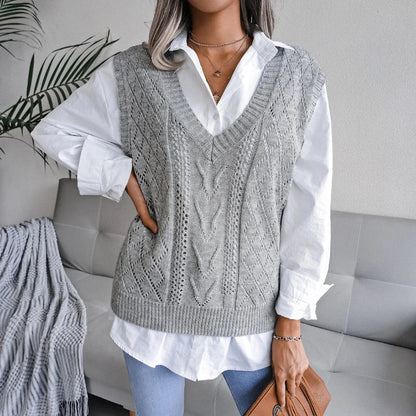 Amelia Textured Knit Cable Knit Sweater Vest | Relaxed Fit V-Neck Sleeveless Sweater Vest