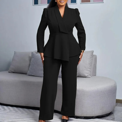 Valentina Peplum Blazer And Wide-Leg Trousers Two-Piece Set | Fitted Silhouette Solid Set