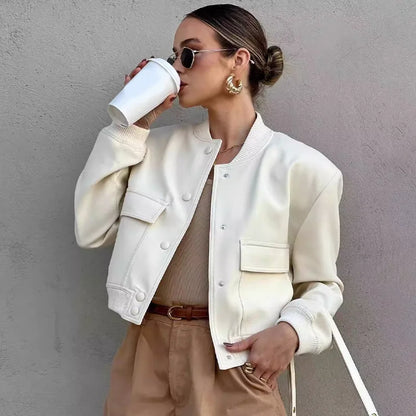 Clara  Cropped Bomber Jacket | Snap Buttons Flap Pockets Bomber Jacket