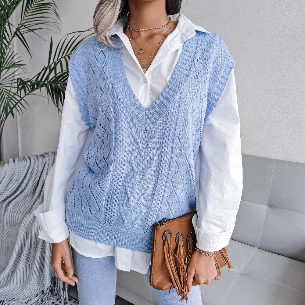 Amelia Textured Knit Cable Knit Sweater Vest | Relaxed Fit V-Neck Sleeveless Sweater Vest