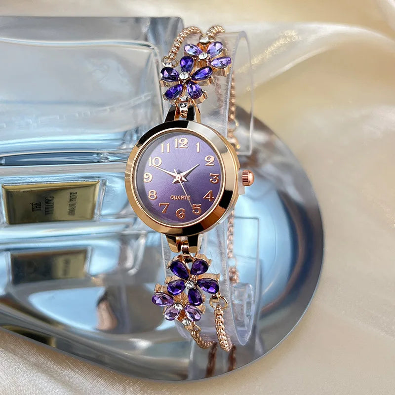 Isla Floral Jeweled Bracelet Style Wristwatch | Fur Trim Wristwatch