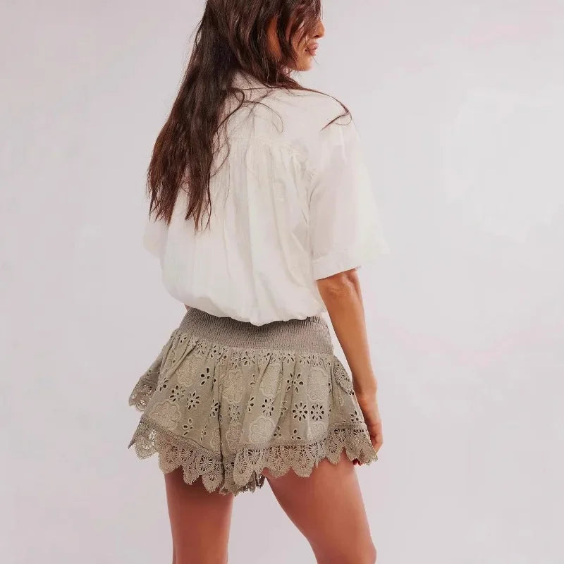 Flora Patterned Eyelet Embroidery Lace Trim Shorts | Ruffled Scalloped Hem Shorts