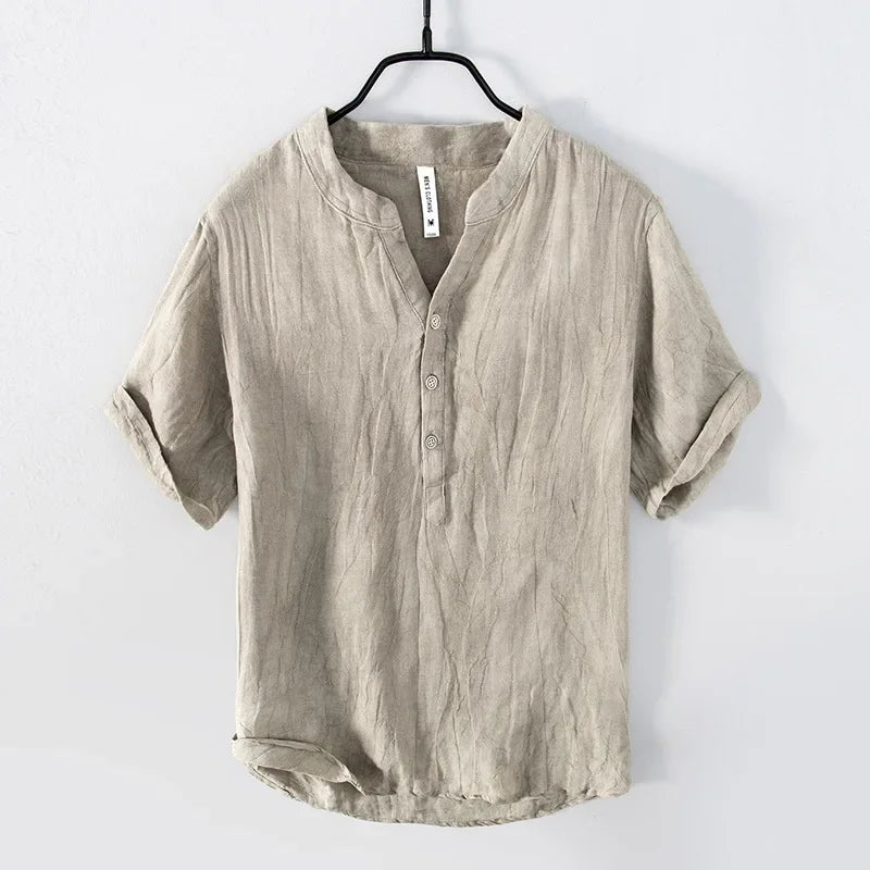 Oscar Relaxed Fit Henley Shirt | Band Collar Short Sleeve Shirt