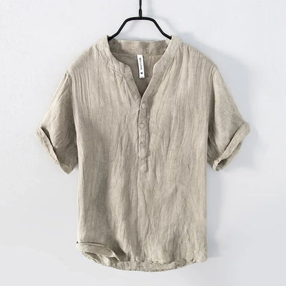 Oscar Relaxed Fit Henley Shirt | Band Collar Short Sleeve Shirt