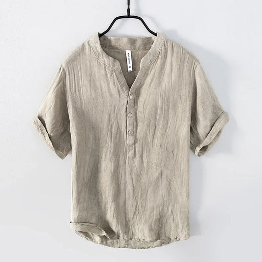 Oscar Relaxed Fit Henley Shirt | Band Collar Short Sleeve Shirt