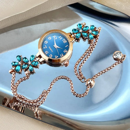 Isla Floral Jeweled Bracelet Style Wristwatch | Fur Trim Wristwatch