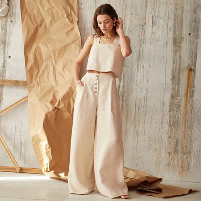 Isla Pleated Wide-Leg Pants | Button Front Pockets Pants