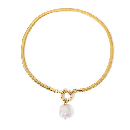 Daisy Choker Pendant Necklace | Baroque Pearl Snake Chain Necklace