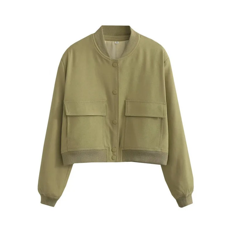 Clara  Cropped Bomber Jacket | Snap Buttons Flap Pockets Bomber Jacket