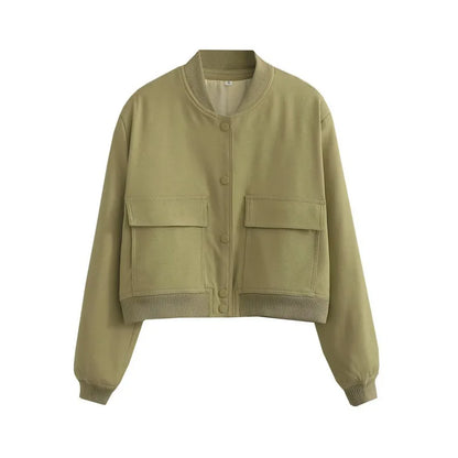 Clara  Cropped Bomber Jacket | Snap Buttons Flap Pockets Bomber Jacket