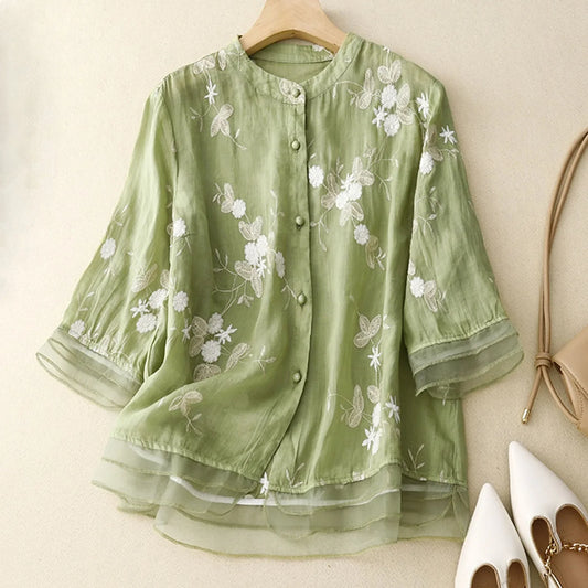 Olivia Relaxed Fit Blouse | Floral Embroidered Hip-Length Blouse
