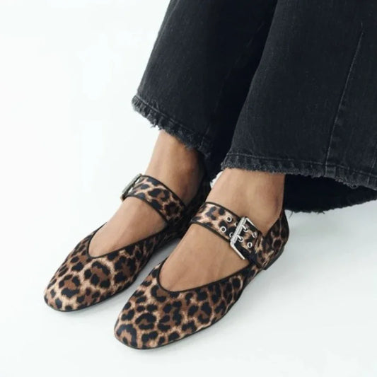 Sienna Pointed Toe Buckle Strap Mary Jane Flats | Leopard Print Flats