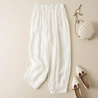 Amelia Relaxed Fit Pants | Drawstring Waist Embroidered Hem Pants