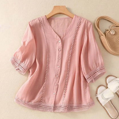 Isla Relaxed Fit Blouse | Button Front Lace Trim Blouse