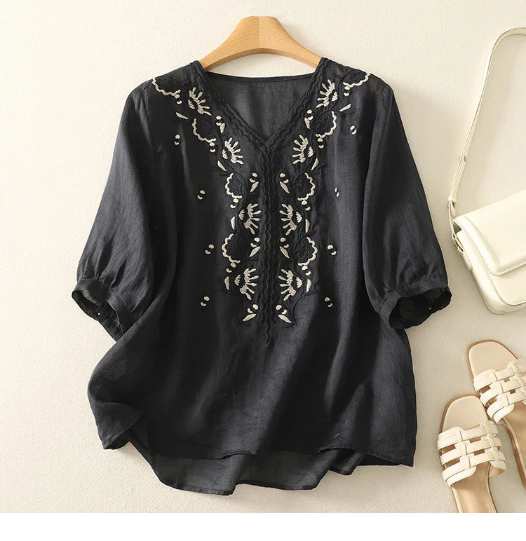 Isla Embroidered Relaxed Fit Blouse | V-Neck Gathered Sleeves Blouse