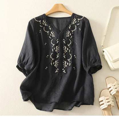 Isla Embroidered Relaxed Fit Blouse | V-Neck Gathered Sleeves Blouse