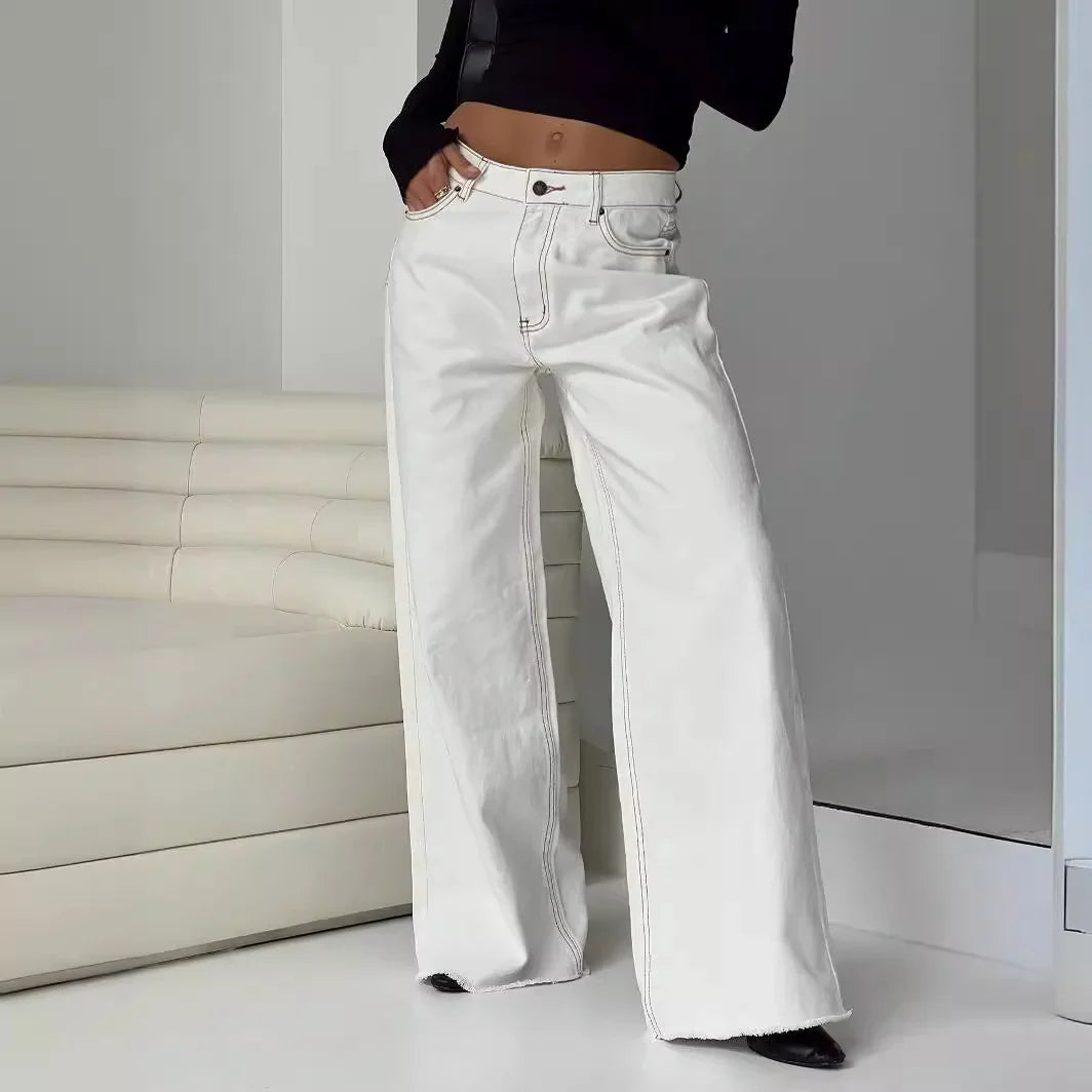 Viola Relaxed Wide-Leg Jeans | Raw Hem Five-Pocket Jeans