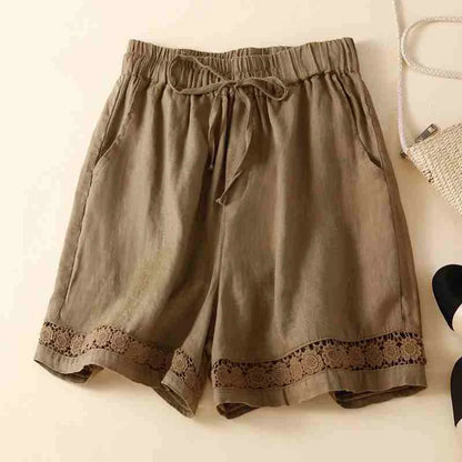 Amelia Relaxed Fit Shorts | Embroidered Trim Drawstring Shorts