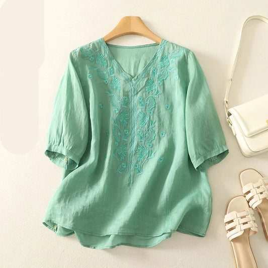 Isla Embroidered Relaxed Fit Blouse | V-Neck Gathered Sleeves Blouse