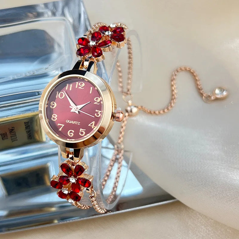 Isla Floral Jeweled Bracelet Style Wristwatch | Fur Trim Wristwatch