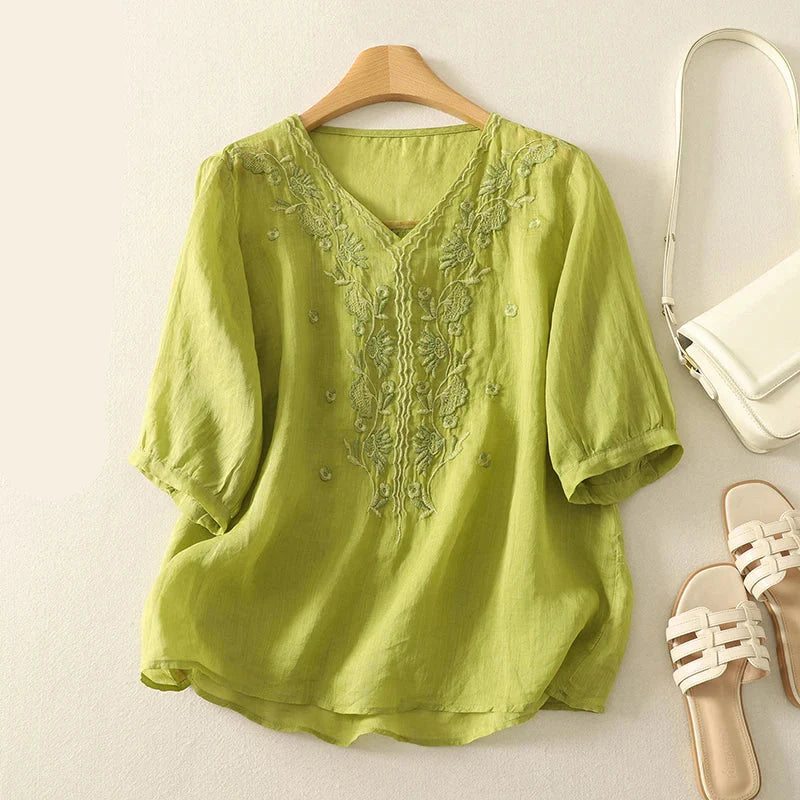 Isla Embroidered Relaxed Fit Blouse | V-Neck Gathered Sleeves Blouse