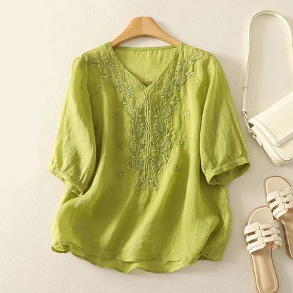 Isla Embroidered Relaxed Fit Blouse | V-Neck Gathered Sleeves Blouse