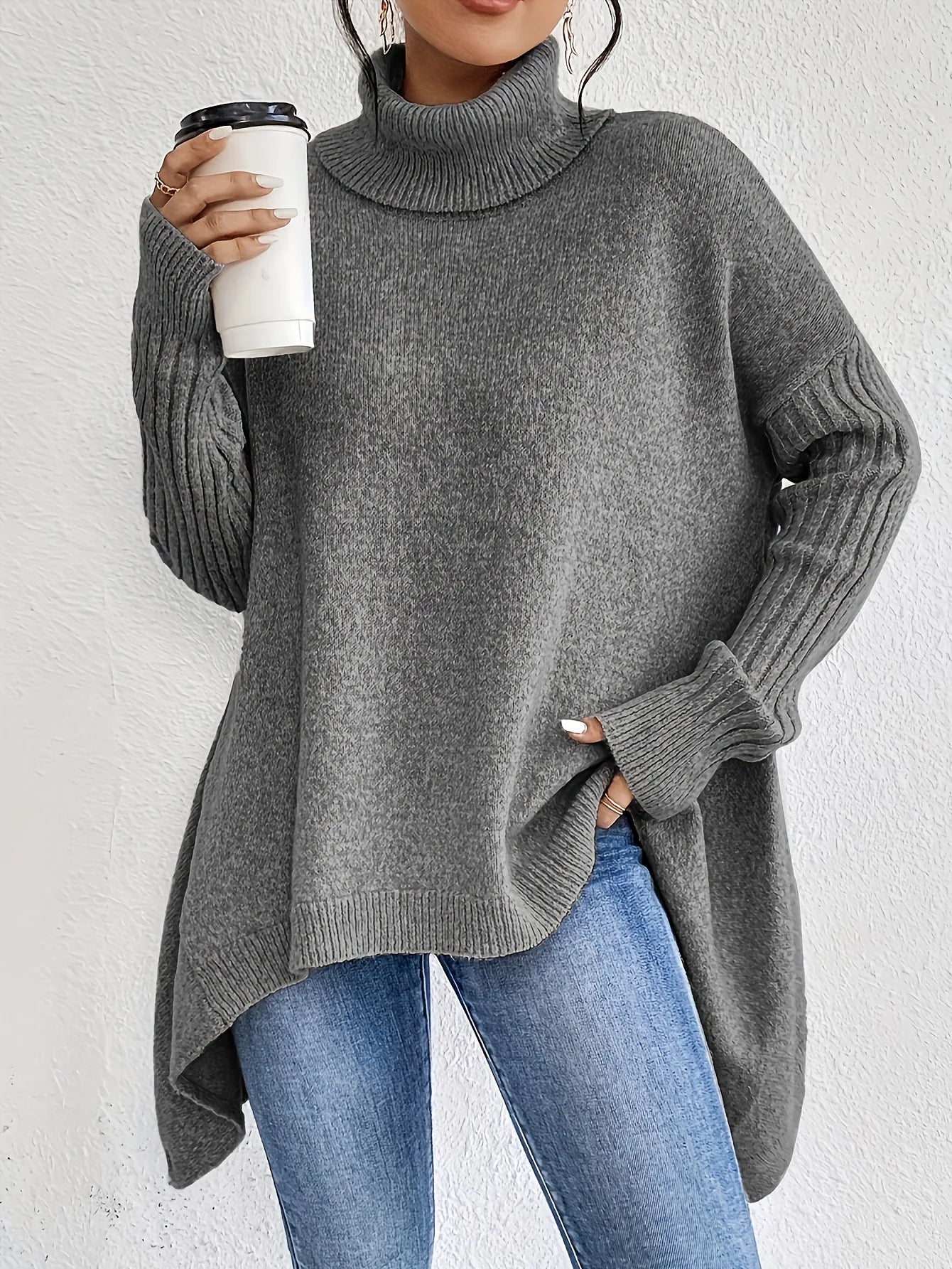 Isla Relaxed Fit Turtleneck Sweater | Ribbed Cuffs High-Low Hem Sweater