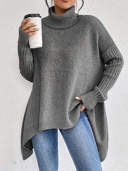 Isla Relaxed Fit Turtleneck Sweater | Ribbed Cuffs High-Low Hem Sweater