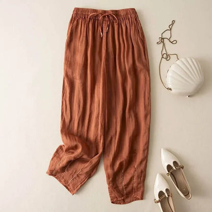Amelia Relaxed Fit Pants | Drawstring Waist Embroidered Hem Pants