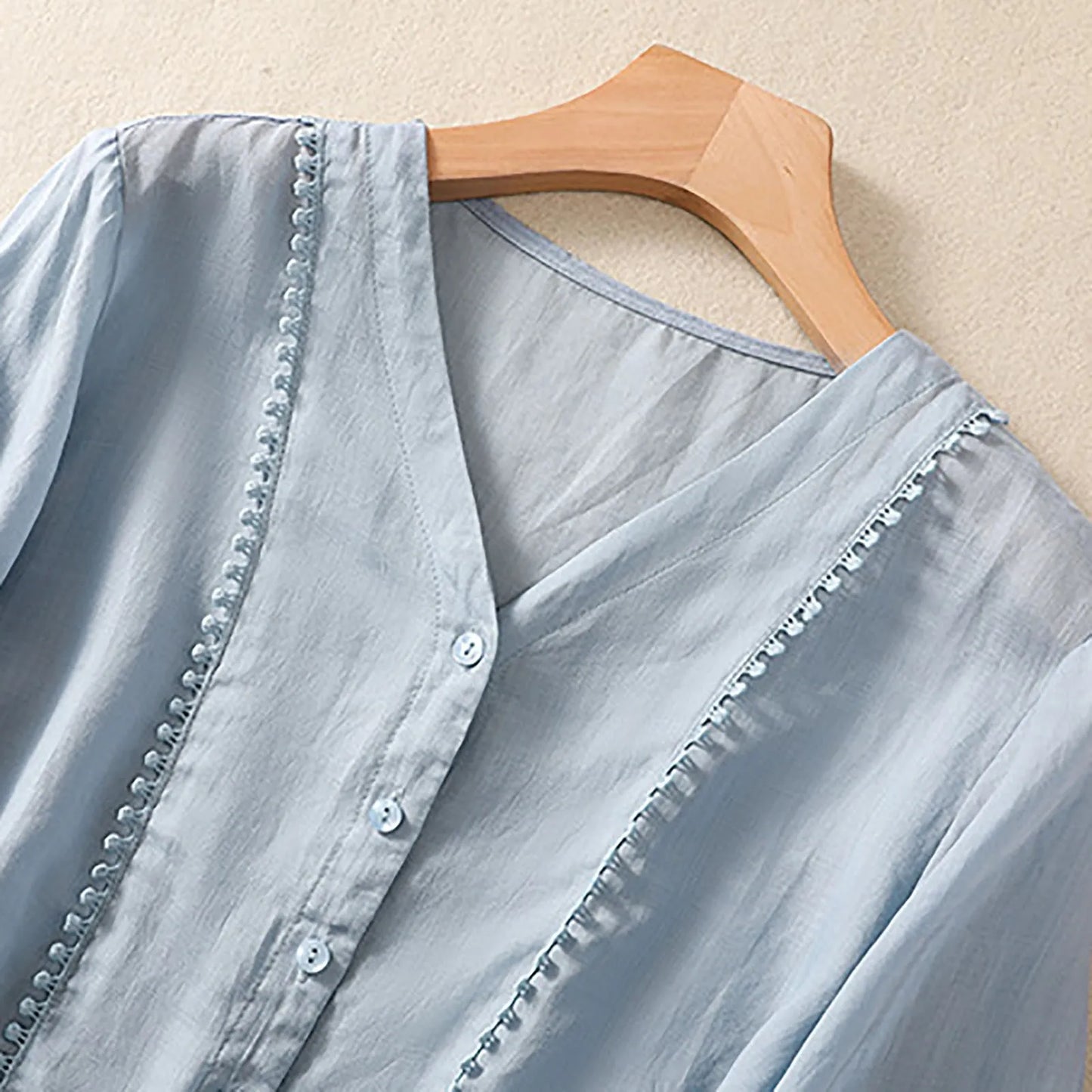 Isla Relaxed Fit Blouse | Button Front Lace Trim Blouse
