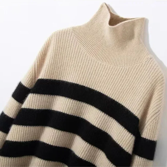 Amelia Oversized Striped Turtleneck Sweater | Ribbed Long Sleeve Sweater