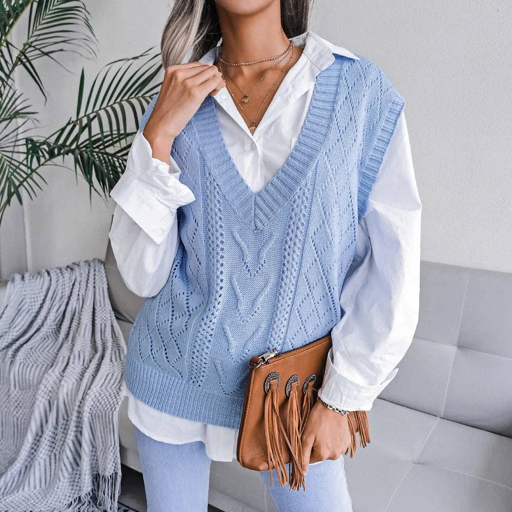 Amelia Textured Knit Cable Knit Sweater Vest | Relaxed Fit V-Neck Sleeveless Sweater Vest