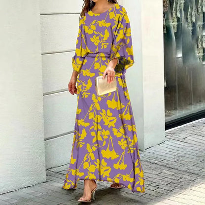 Selin Dress | Long Sleeve Round Neck Cinched Waist All-Over Print Dress
