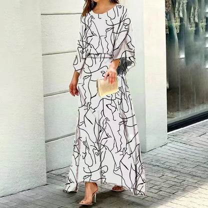Selin Dress | Long Sleeve Round Neck Cinched Waist All-Over Print Dress