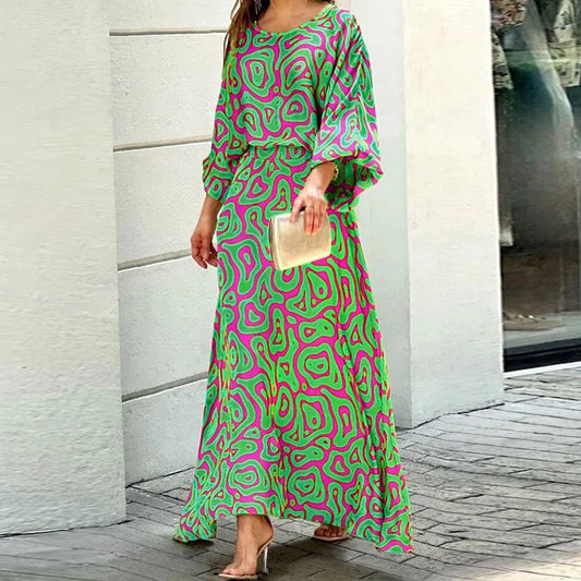 Selin Dress | Long Sleeve Round Neck Cinched Waist All-Over Print Dress