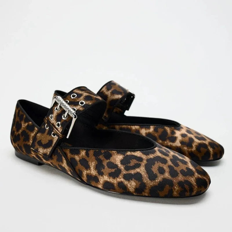 Sienna Pointed Toe Buckle Strap Mary Jane Flats | Leopard Print Flats