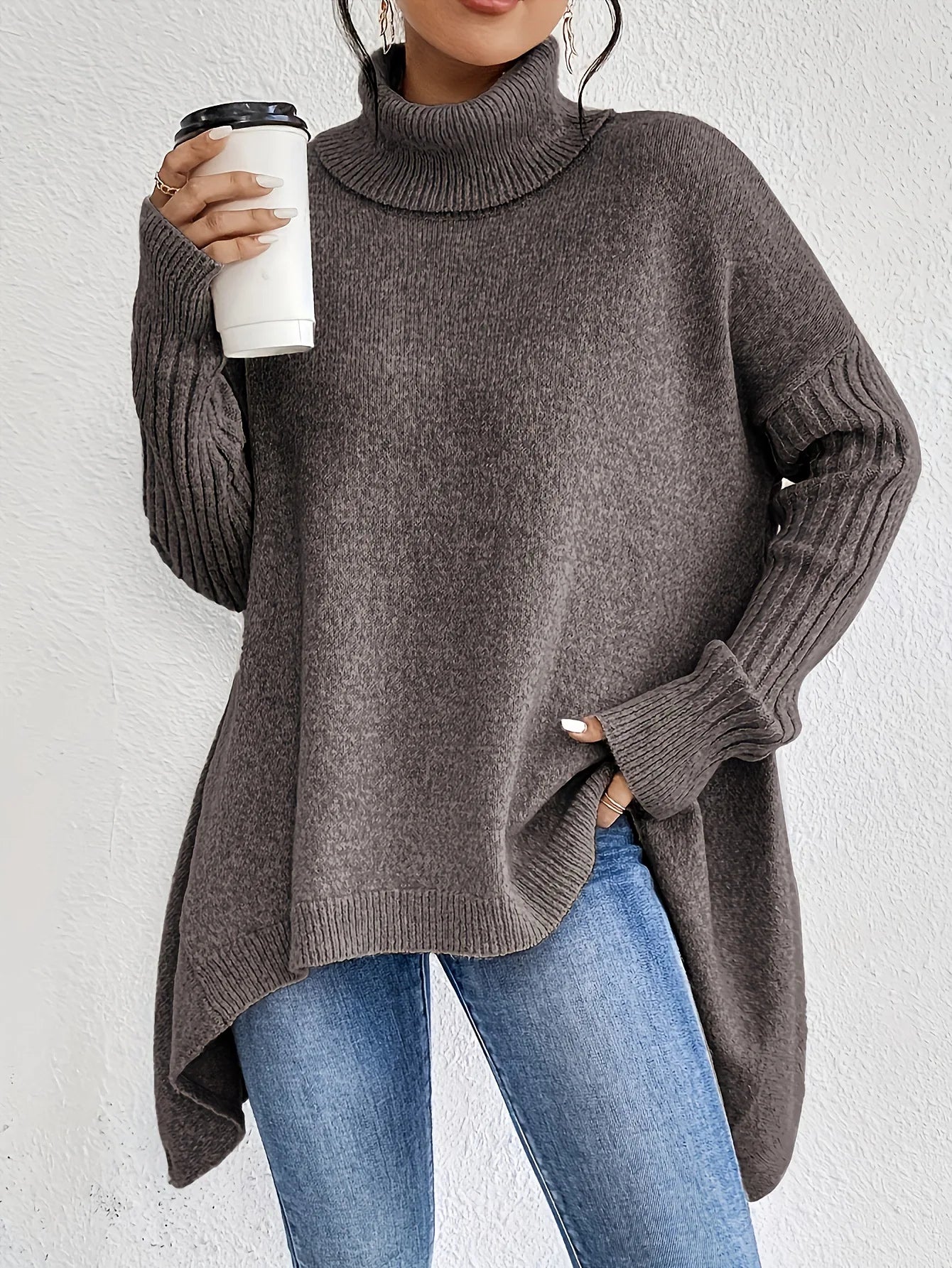 Isla Relaxed Fit Turtleneck Sweater | Ribbed Cuffs High-Low Hem Sweater