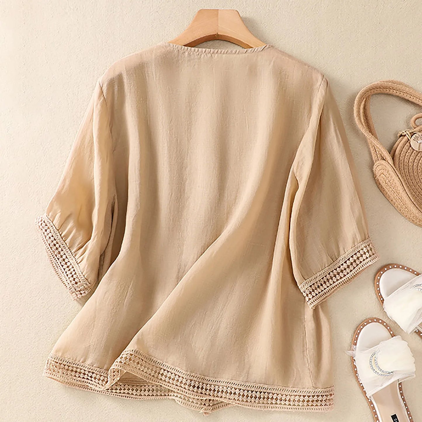 Isla Relaxed Fit Blouse | Button Front Lace Trim Blouse