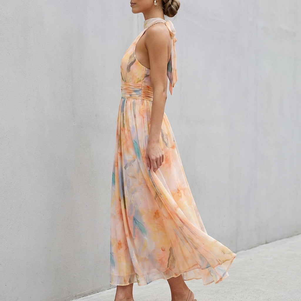 Isla A-Line Maxi Dress | Halter Neck Floral Sleeveless Dress