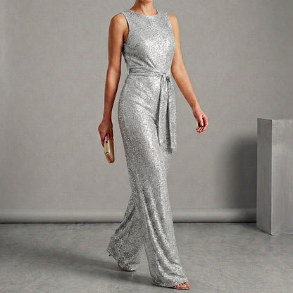 Isabella Wide Leg Glitter Embellished Jumpsuit | Belted Sleeveless Jumpsuit