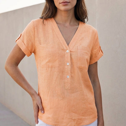 Isabella Relaxed Fit Button-Front Shirt | V-Neck Chest Pockets Shirt