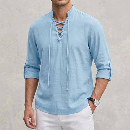 Arthur Relaxed Fit Shirt | Band Collar Lace-Up Neckline Shirt