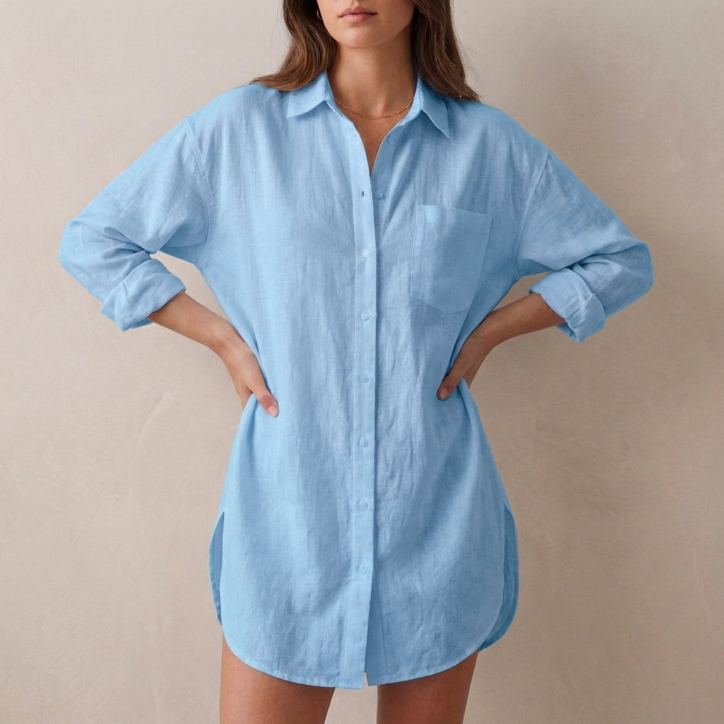 Isla Oversized Tunic Shirt | Collared V-Neck Button Front Shirt
